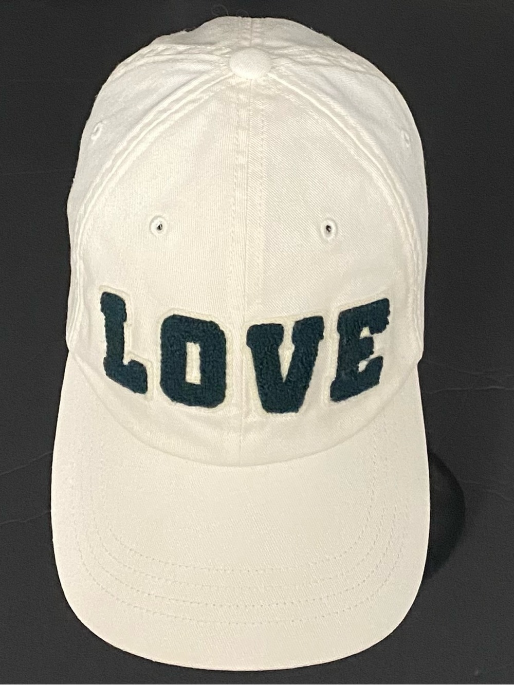 Tory Burch Sport White Baseball Cap with Dark Green 'LOVE' Applique